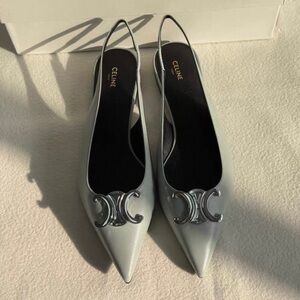 Celine Pale Gray Leather Pointed Slingback Flats with Silver Triomphe